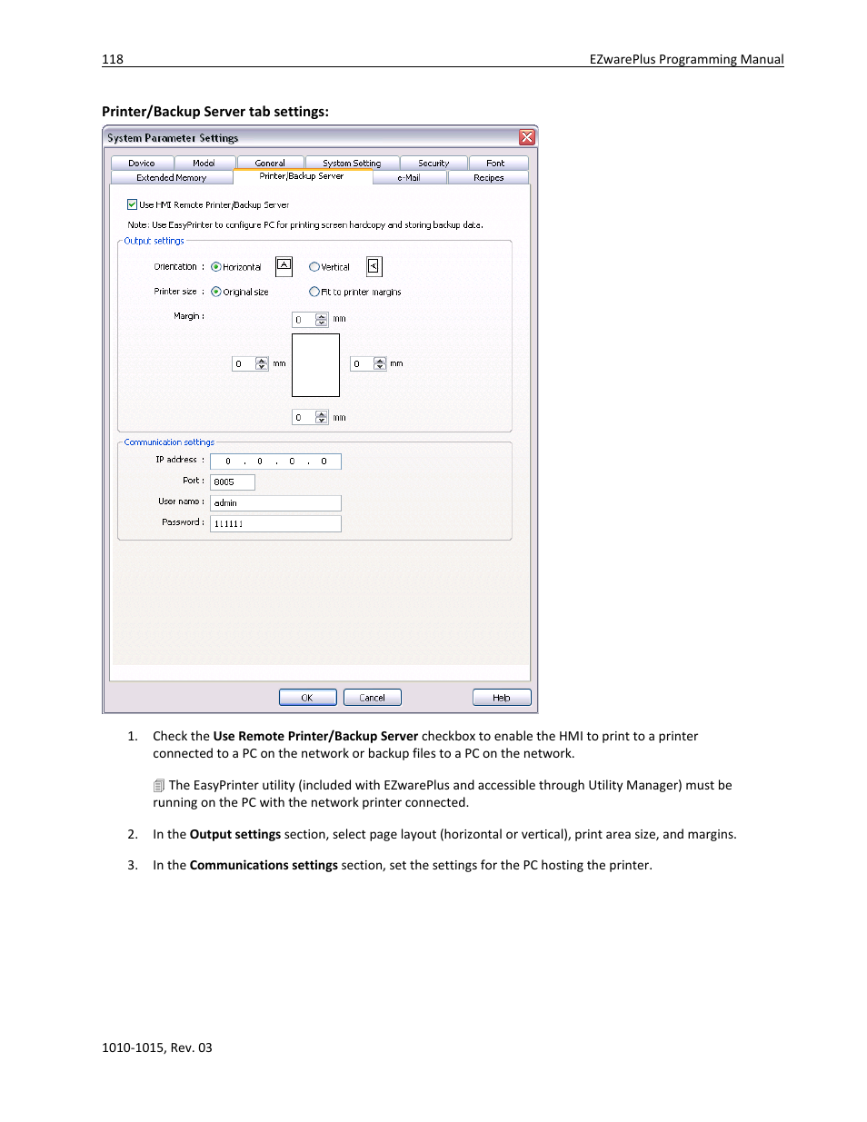 Printer/backup server tab settings | Watlow EZwarePlus Programming User Manual | Page 126 / 264