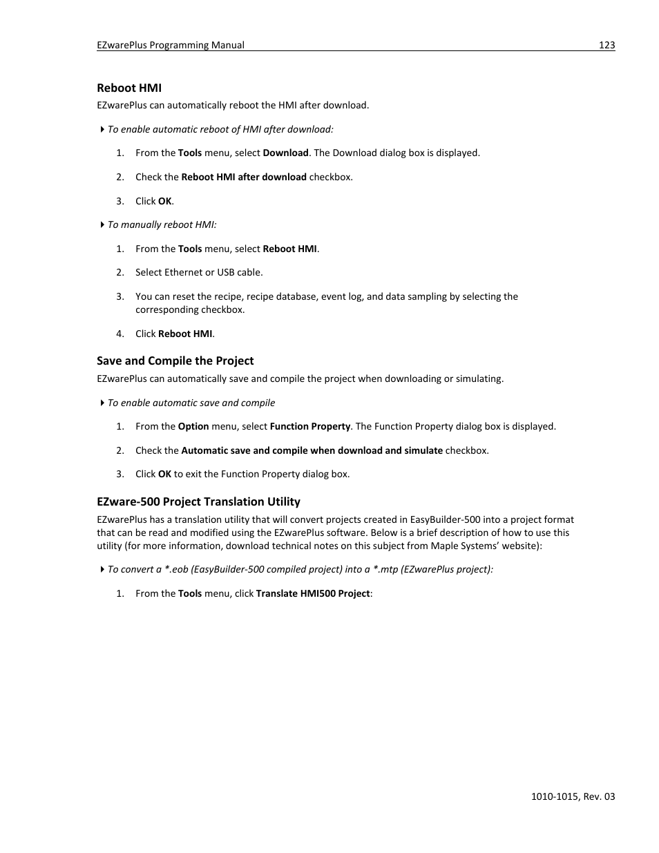 Reboot hmi, Save and compile the project, Ezware-500 project translation utility | Watlow EZwarePlus Programming User Manual | Page 131 / 264