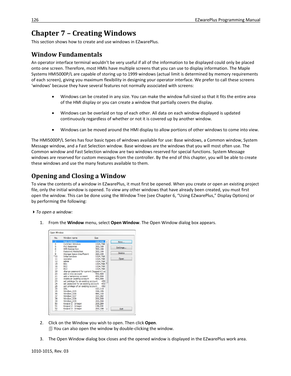 Chapter 7 – creating windows, Window fundamentals, Opening and closing a window | Watlow EZwarePlus Programming User Manual | Page 134 / 264