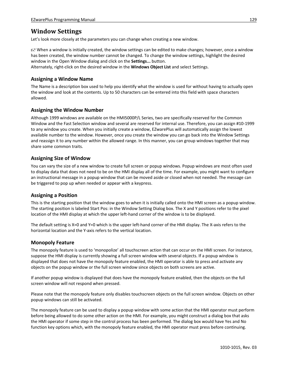 Window settings, Assigning a window name, Assigning the window number | Assigning size of window, Assigning a position, Monopoly feature | Watlow EZwarePlus Programming User Manual | Page 137 / 264