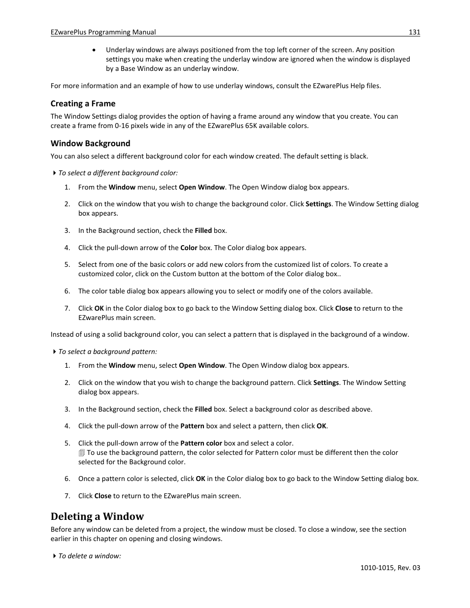 Deleting a window, Creating a frame, Window background | Watlow EZwarePlus Programming User Manual | Page 139 / 264