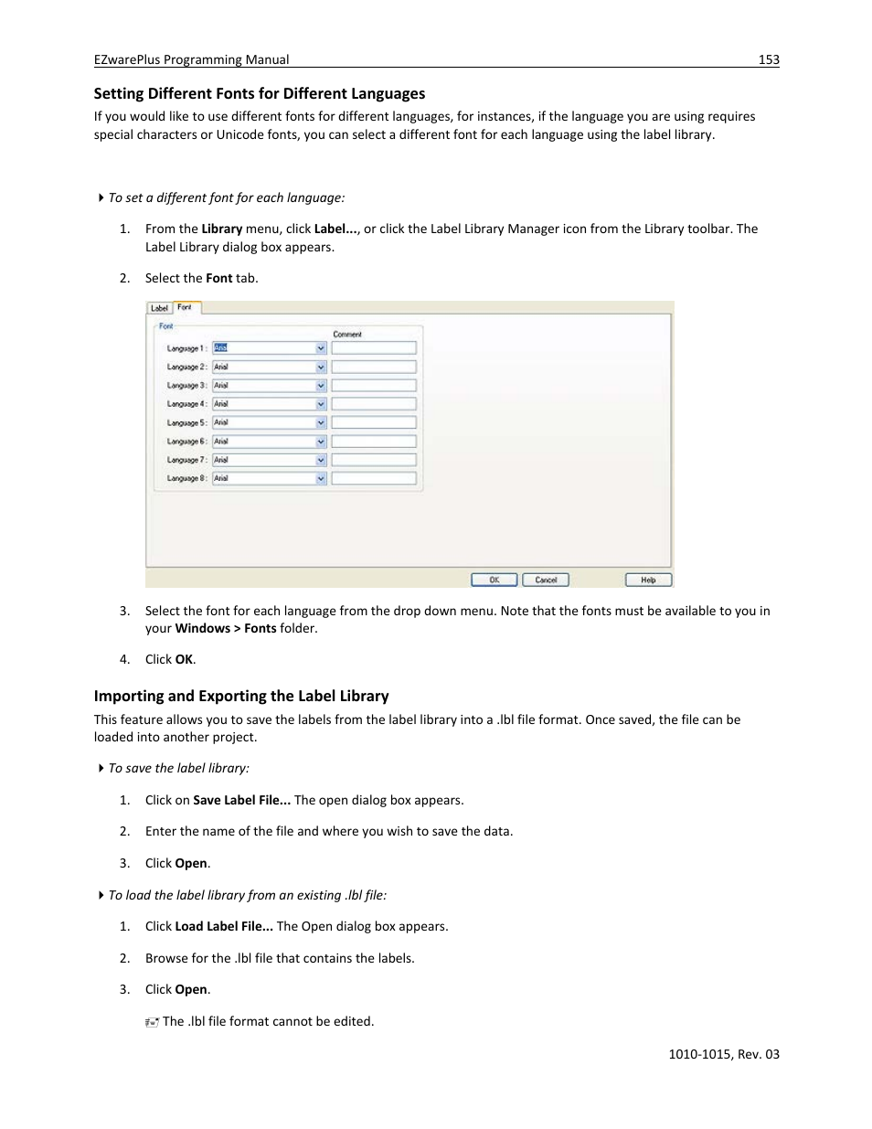 Setting different fonts for different languages, Importing and exporting the label library | Watlow EZwarePlus Programming User Manual | Page 161 / 264