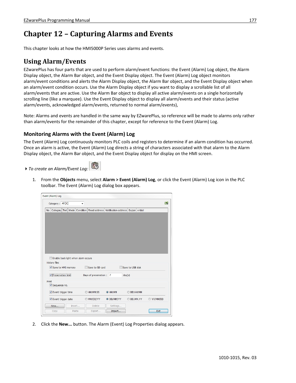 Chapter 12 – capturing alarms and events, Using alarm/events, Monitoring alarms with the event (alarm) log | Watlow EZwarePlus Programming User Manual | Page 185 / 264