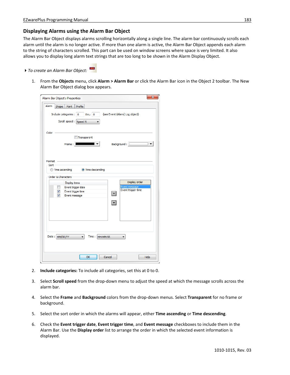 Displaying alarms using the alarm bar object | Watlow EZwarePlus Programming User Manual | Page 191 / 264