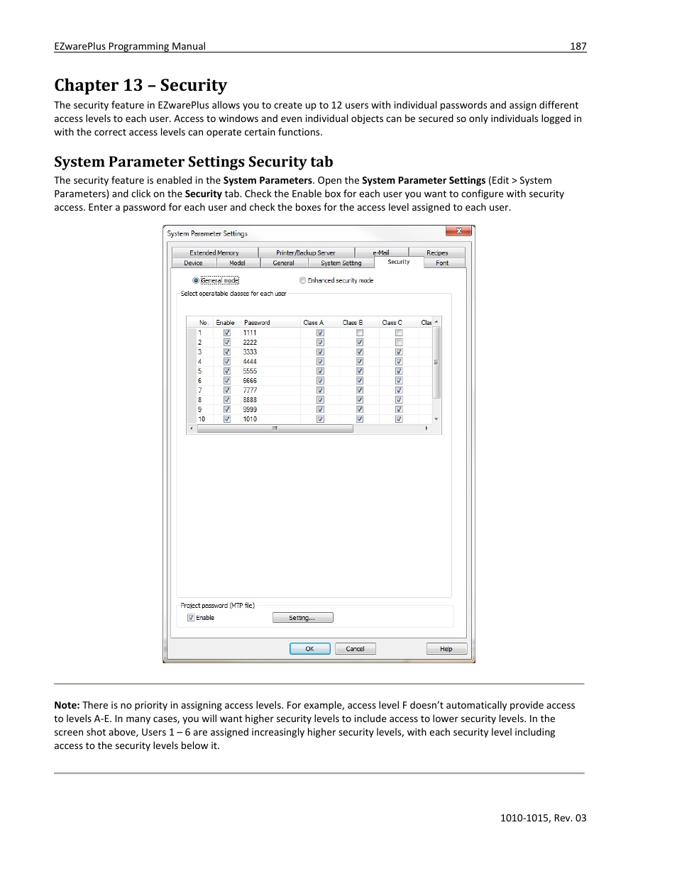 Chapter 13 – security, System parameter settings security tab | Watlow EZwarePlus Programming User Manual | Page 195 / 264