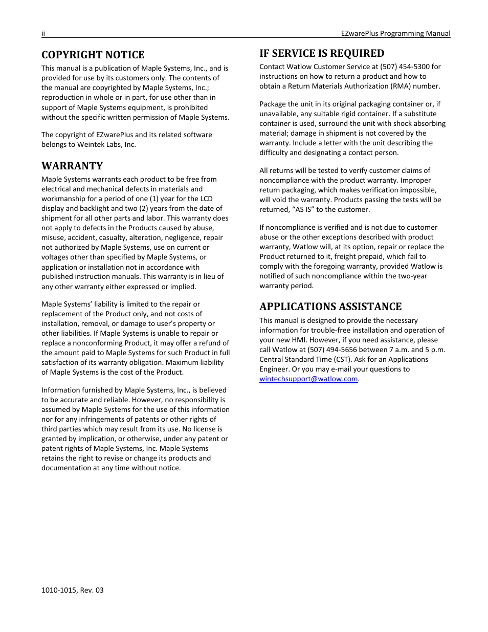 Copyright notice, Warranty, If service is required | Applications assistance | Watlow EZwarePlus Programming User Manual | Page 2 / 264