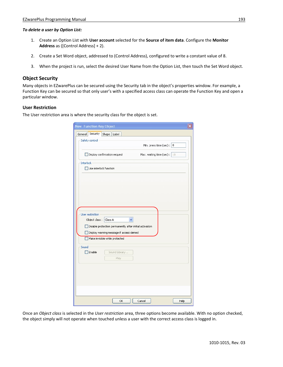 Object security, User restriction | Watlow EZwarePlus Programming User Manual | Page 201 / 264