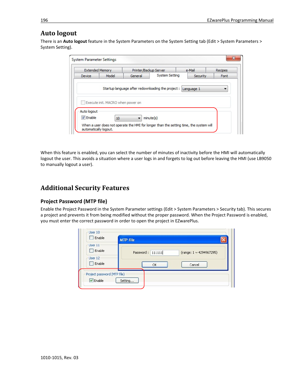 Auto logout, Additional security features, Project password (mtp file) | Watlow EZwarePlus Programming User Manual | Page 204 / 264