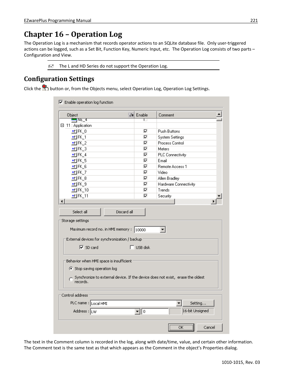 Chapter 16 – operation log, Configuration settings | Watlow EZwarePlus Programming User Manual | Page 229 / 264
