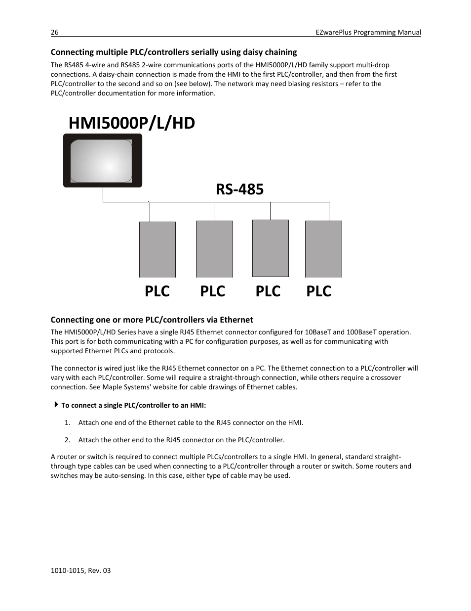 Connecting multiple plc/controllers serially using, Daisy chaining, Hmi5000p/l/hd | Rs-485, Plc plc plc | Watlow EZwarePlus Programming User Manual | Page 34 / 264