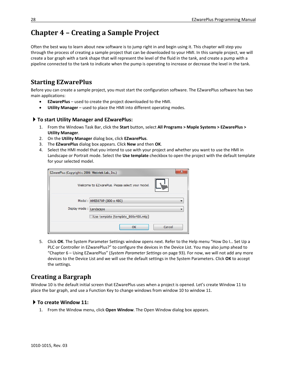Chapter 4 – creating a sample project, Starting ezwareplus, Creating a bargraph | To start utility manager and ezwareplus, To create window 11 | Watlow EZwarePlus Programming User Manual | Page 36 / 264
