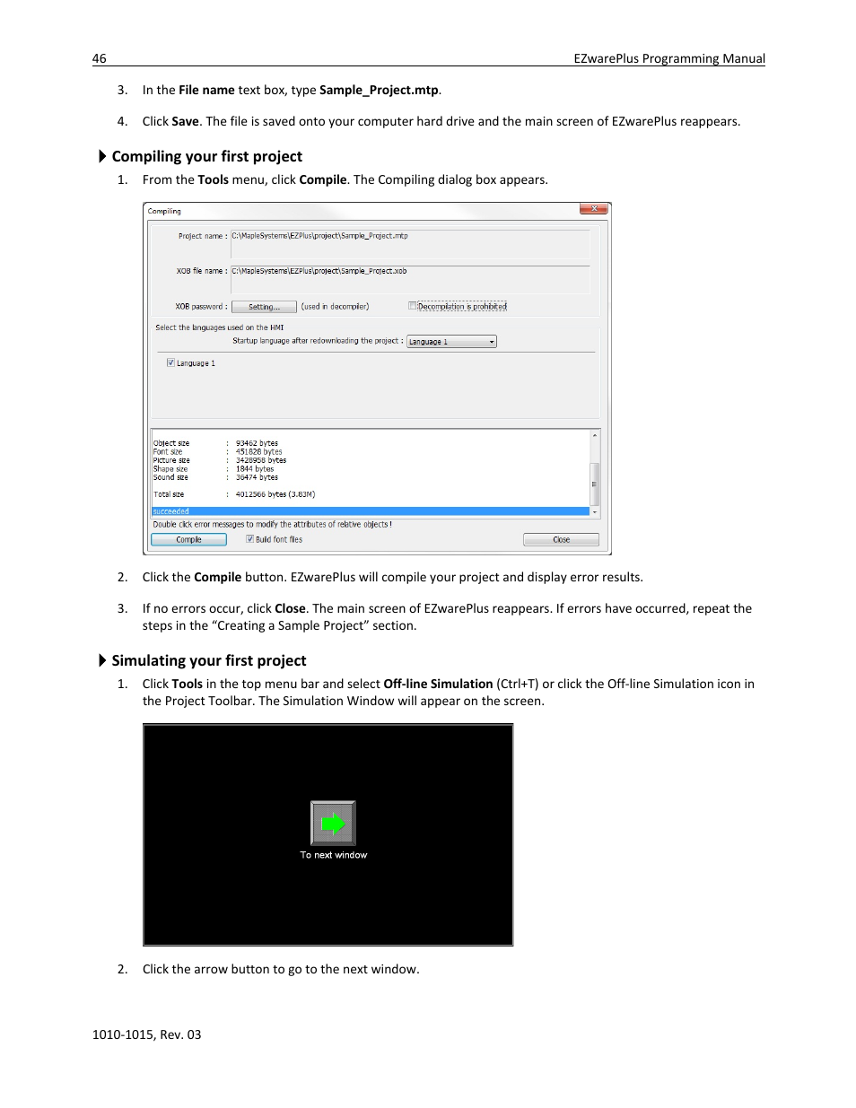 Compiling your first project, Simulating your first project | Watlow EZwarePlus Programming User Manual | Page 54 / 264
