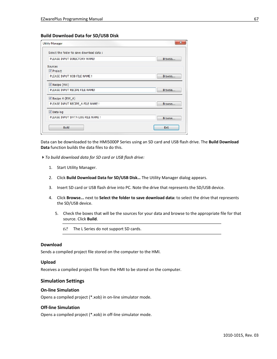 Build download data for sd/usb disk, Download, Upload | Simulation settings, On-line simulation, Off-line simulation | Watlow EZwarePlus Programming User Manual | Page 75 / 264