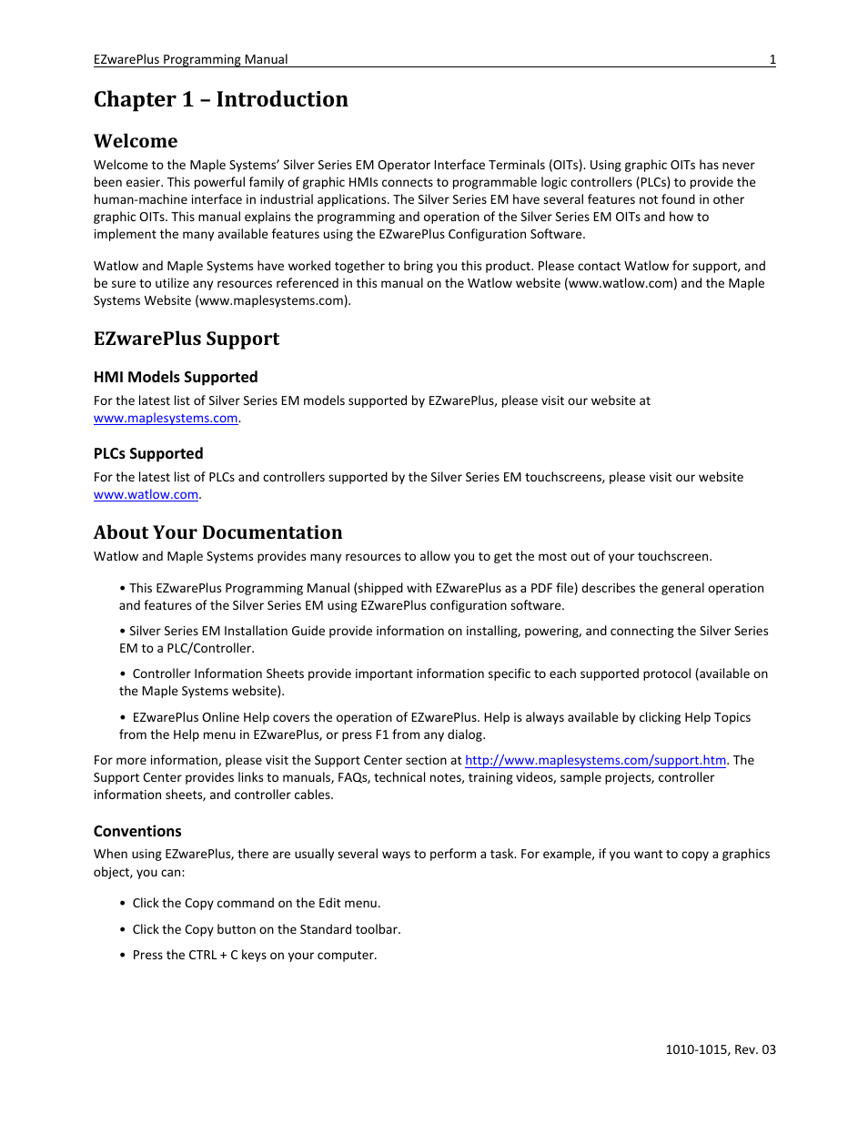 Chapter 1 – introduction, Welcome, Ezwareplus support | About your documentation, Hmi models supported, Plcs supported, Conventions | Watlow EZwarePlus Programming User Manual | Page 9 / 264