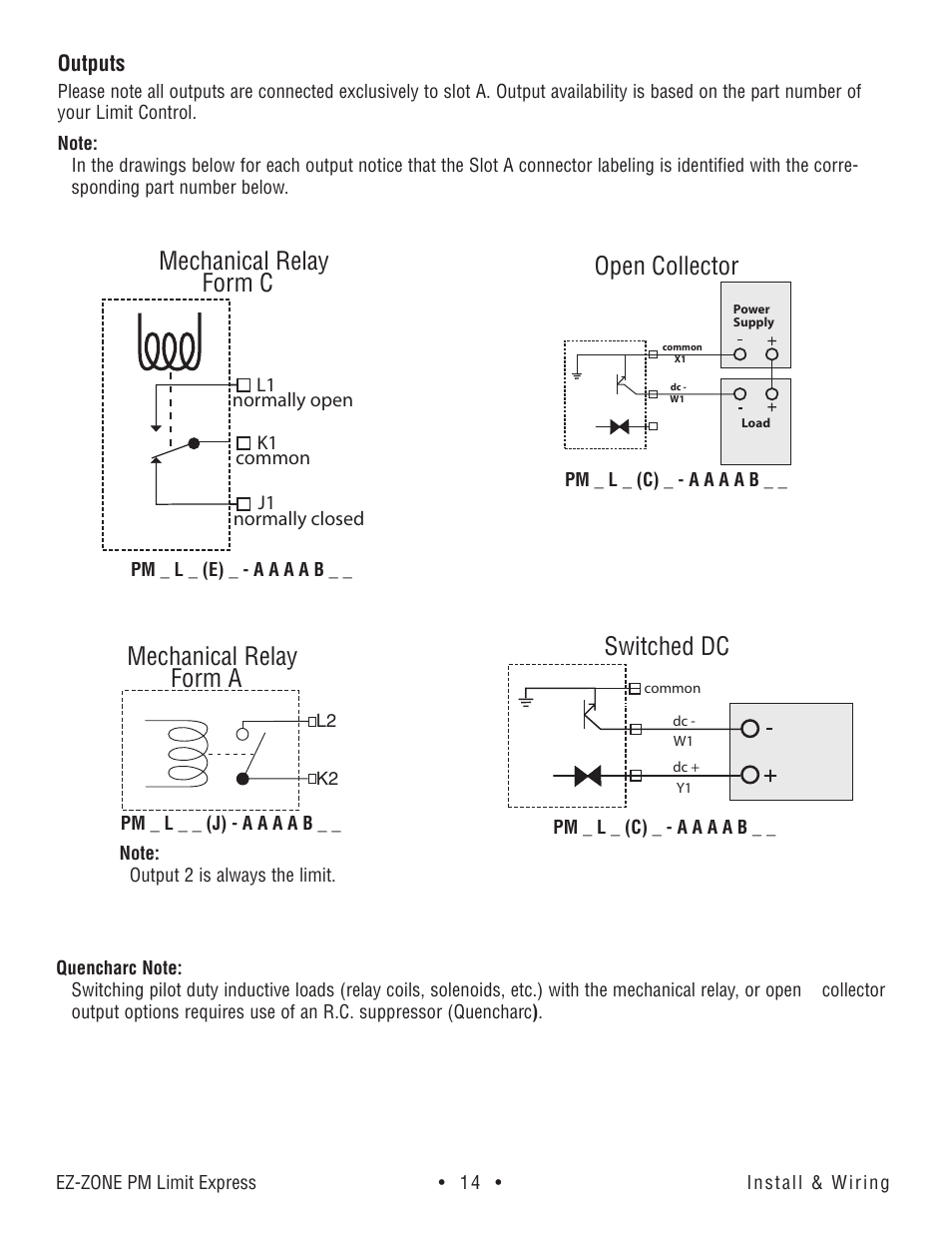 Open collector, Mechanical relay form c, Switched dc | Mechanical relay form a, Outputs | Watlow EZ-ZONE PM Express Limit User Manual | Page 14 / 34