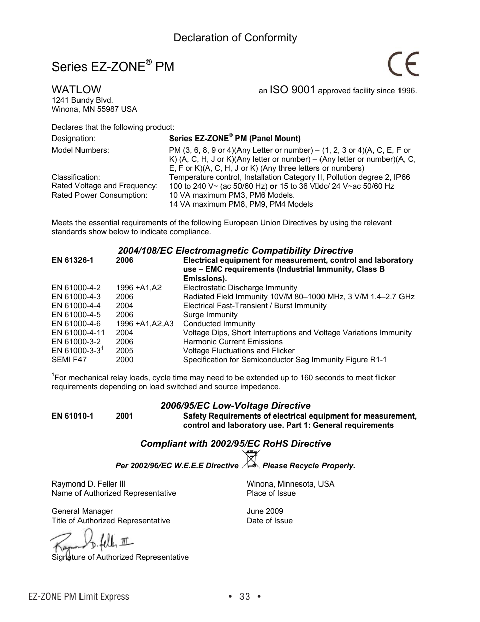 Series ez-zone, Declaration of conformity, Watlow | Iso 9001 | Watlow EZ-ZONE PM Express Limit User Manual | Page 33 / 34