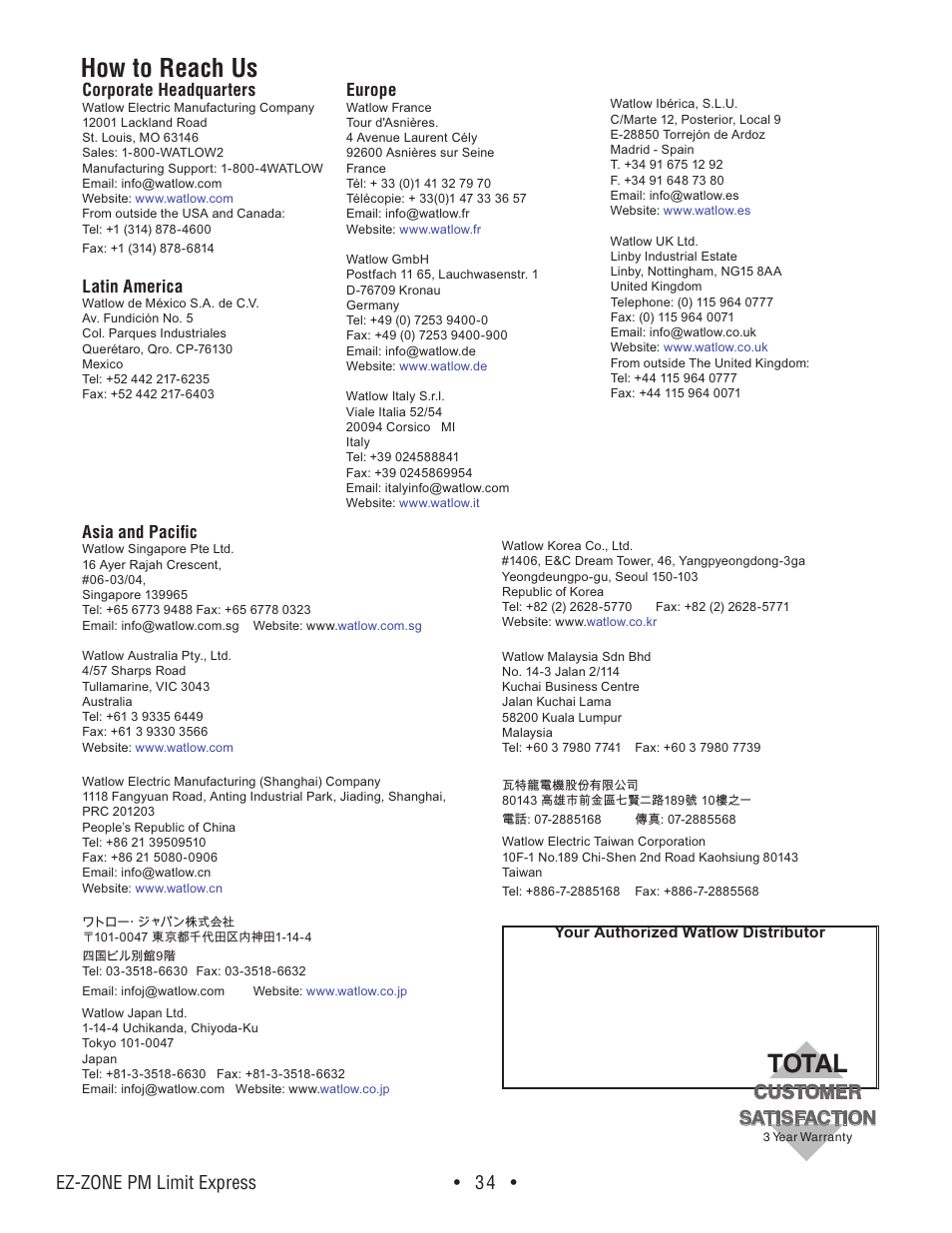 How to reach us, Total, Ez-zone pm limit express • 34 | Customer satisfaction, Corporate headquarters, Latin america, Europe, Asia and pacific | Watlow EZ-ZONE PM Express Limit User Manual | Page 34 / 34