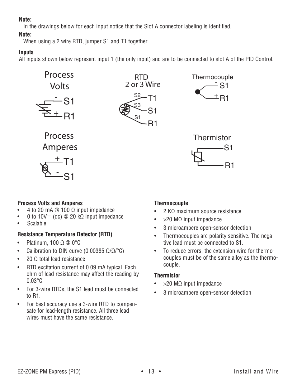 S1 r1 t1 s1 process volts process amperes, T1 s1 r1, Rtd 2 or 3 wire | Thermistor s1 r1 | Watlow EZ-ZONE PM Express User Manual | Page 13 / 35