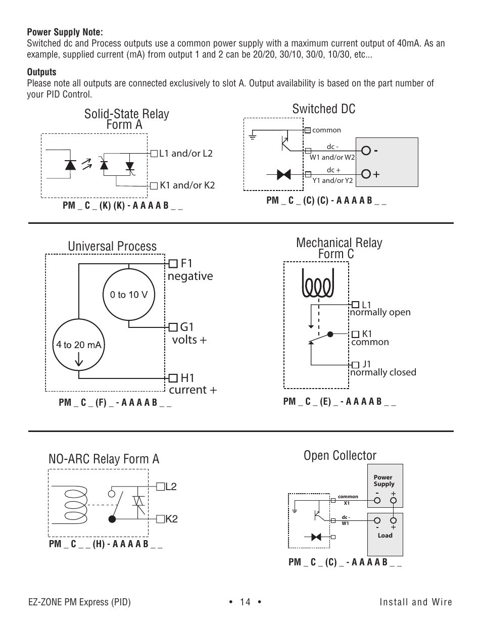 Universal process, Mechanical relay form c, Solid-state relay form a | Switched dc, No-arc relay form a, Open collector, F1 h1 g1 negative volts + current | Watlow EZ-ZONE PM Express User Manual | Page 14 / 35