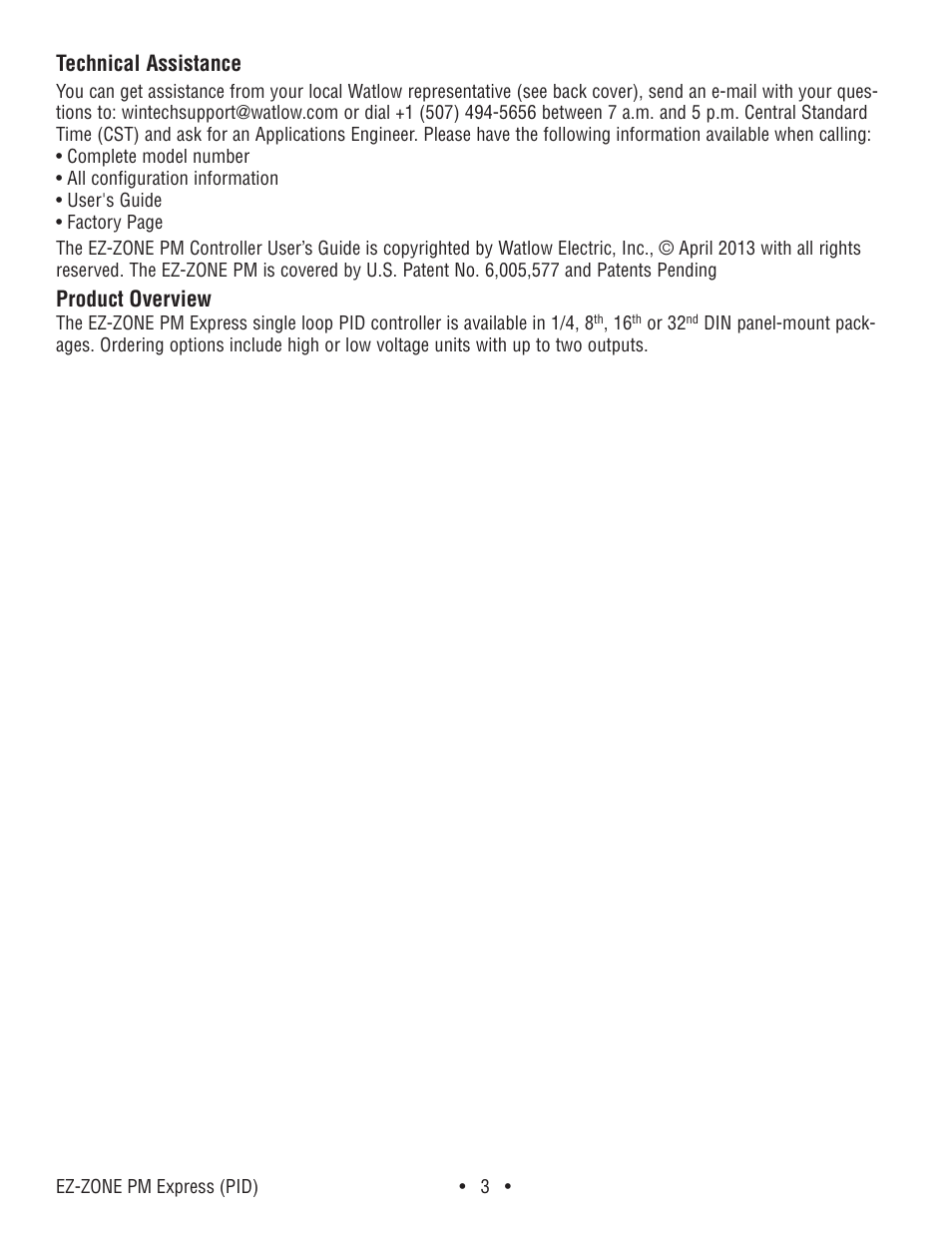 Technical assistance, Product overview | Watlow EZ-ZONE PM Express User Manual | Page 3 / 35