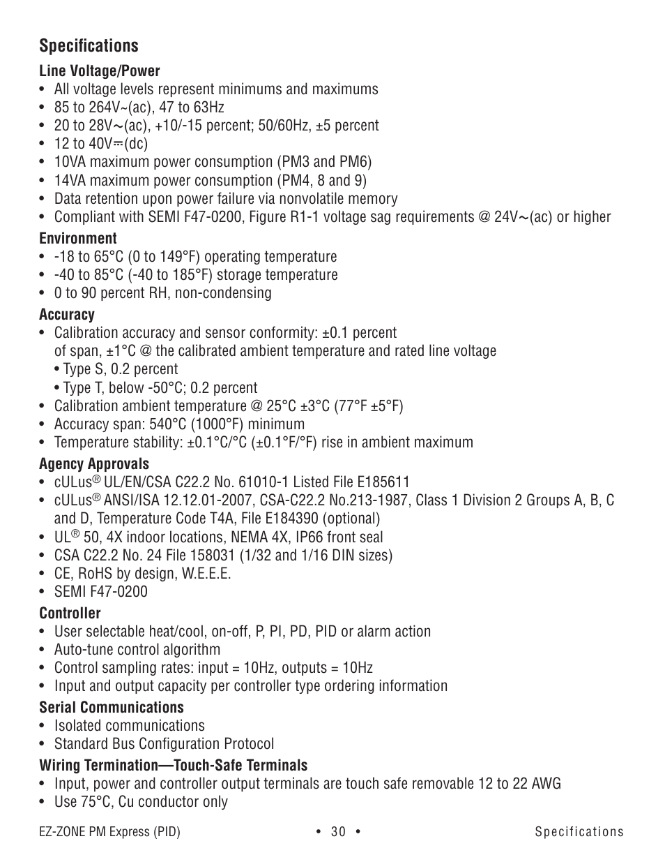 Specifications | Watlow EZ-ZONE PM Express User Manual | Page 30 / 35