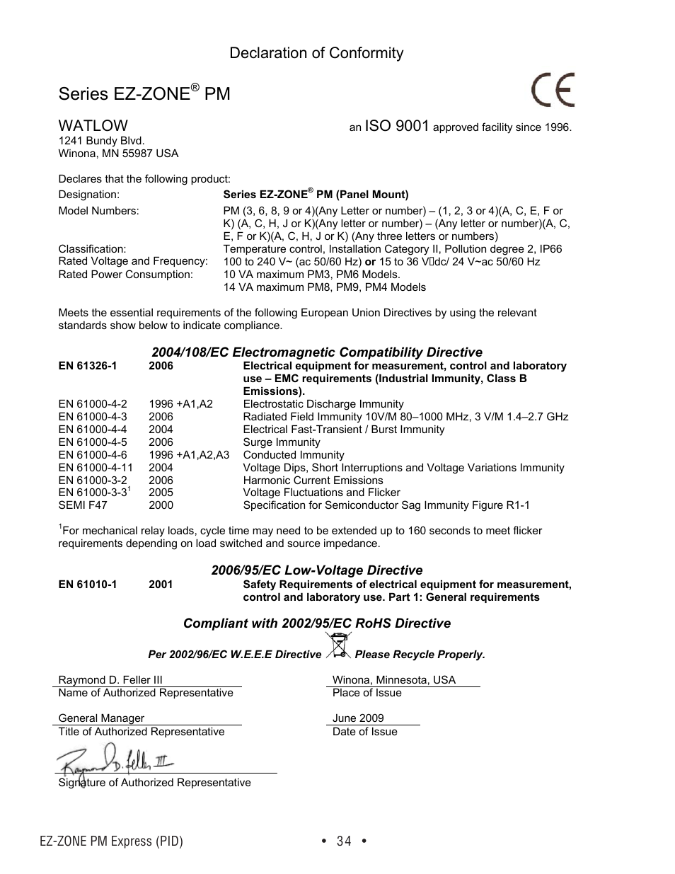 Series ez-zone, Declaration of conformity, Watlow | Iso 9001 | Watlow EZ-ZONE PM Express User Manual | Page 34 / 35