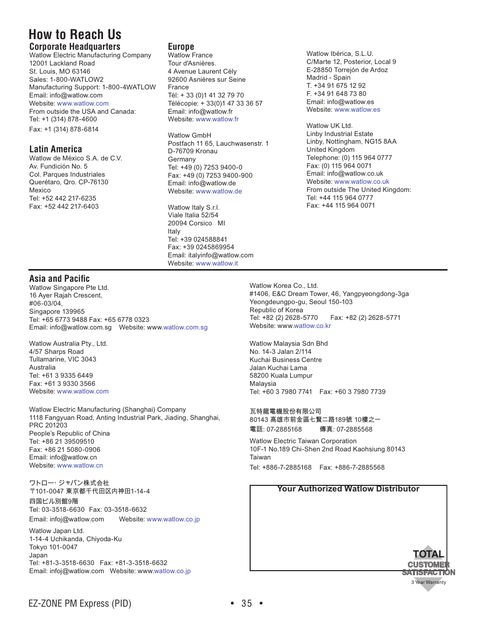 How to reach us, Ez-zone pm express (pid) • 35, Total | Corporate headquarters, Latin america, Europe, Asia and pacific | Watlow EZ-ZONE PM Express User Manual | Page 35 / 35