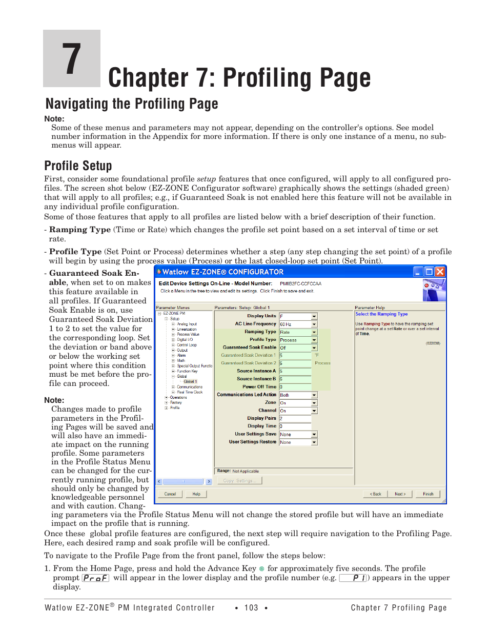 Profile setup, Chapter 7: profiling page, Navigating the profiling page | Watlow EZ-ZONE PM Integrated Controller User Manual | Page 106 / 181