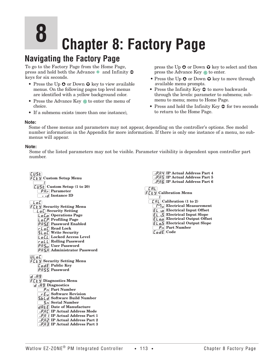 Chapter 8: factory page, Navigating the factory page | Watlow EZ-ZONE PM Integrated Controller User Manual | Page 116 / 181