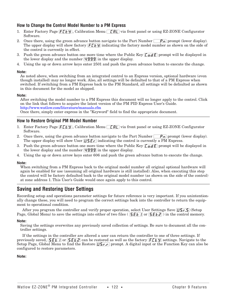 How to restore original pm model number, Saving and restoring user settings | Watlow EZ-ZONE PM Integrated Controller User Manual | Page 125 / 181