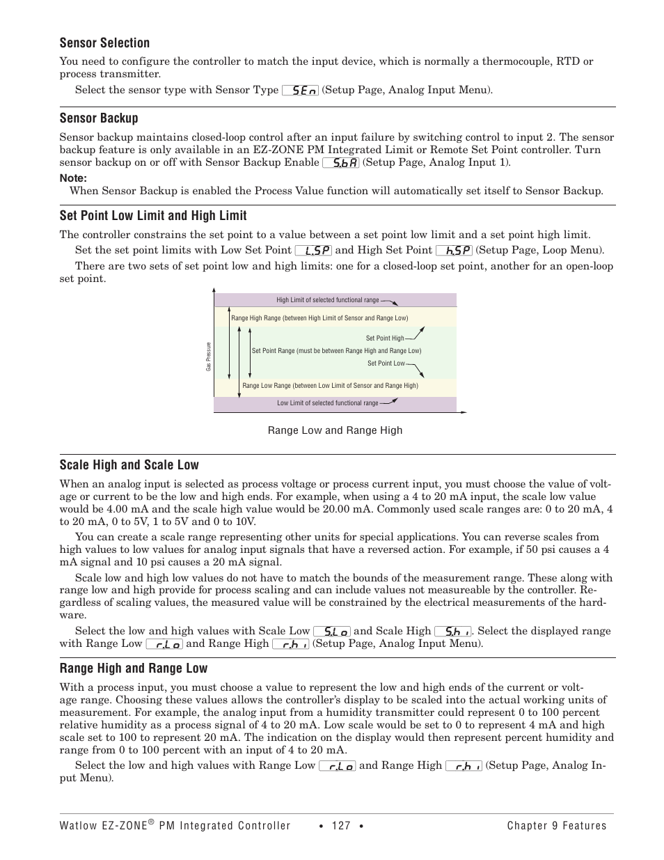 Sensor selection, Sensor backup, Scale high and scale low | Range high and range low, Set point low limit and high limit | Watlow EZ-ZONE PM Integrated Controller User Manual | Page 130 / 181