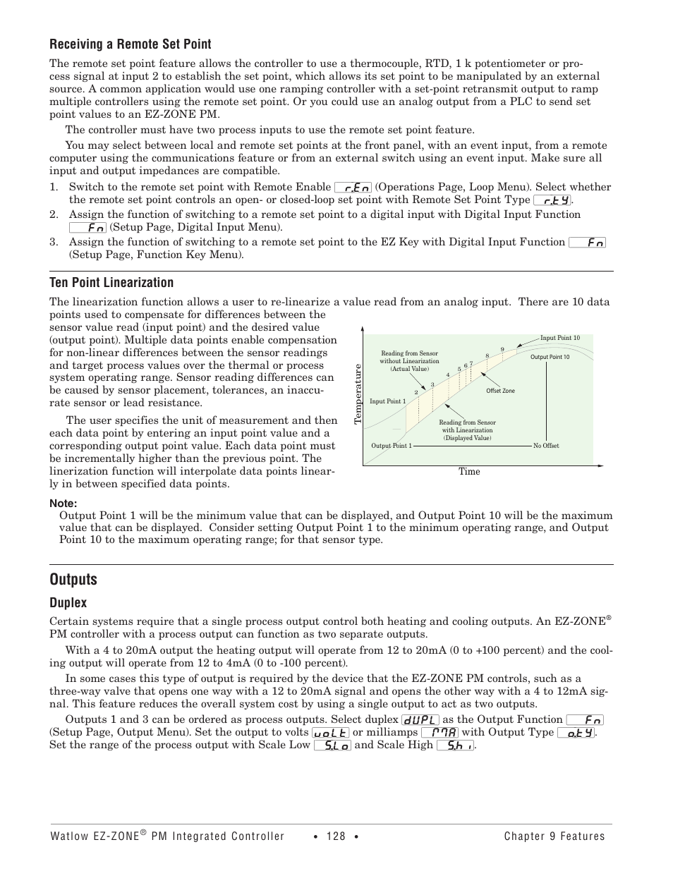 Outputs, Receiving a remote set point, Ten point linearization | Duplex | Watlow EZ-ZONE PM Integrated Controller User Manual | Page 131 / 181