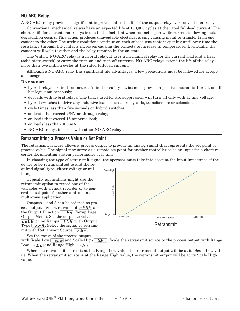 No-arc relay, Retransmitting a process value or set point, Retransmit | Watlow EZ-ZONE PM Integrated Controller User Manual | Page 132 / 181