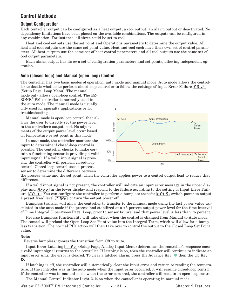 Control methods, Output configuration, Auto (closed loop) and manual (open loop) control | Bumpless transfer | Watlow EZ-ZONE PM Integrated Controller User Manual | Page 134 / 181