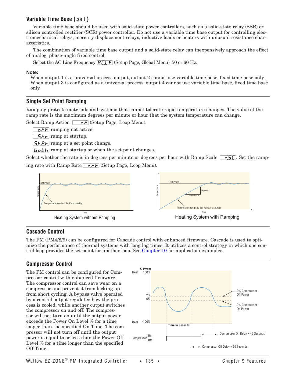 Single set point ramping, Cascade control, Compressor control | Variable time base ( cont . ) | Watlow EZ-ZONE PM Integrated Controller User Manual | Page 138 / 181