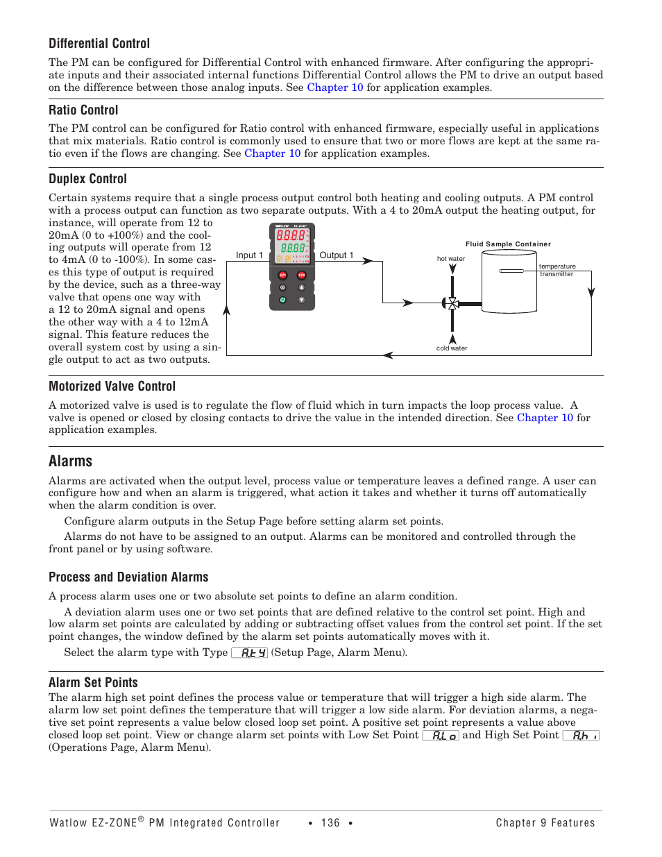 Alarms, Differential control, Ratio control | Duplex control, Motorized valve control, Process and deviation alarms, Alarm set points | Watlow EZ-ZONE PM Integrated Controller User Manual | Page 139 / 181