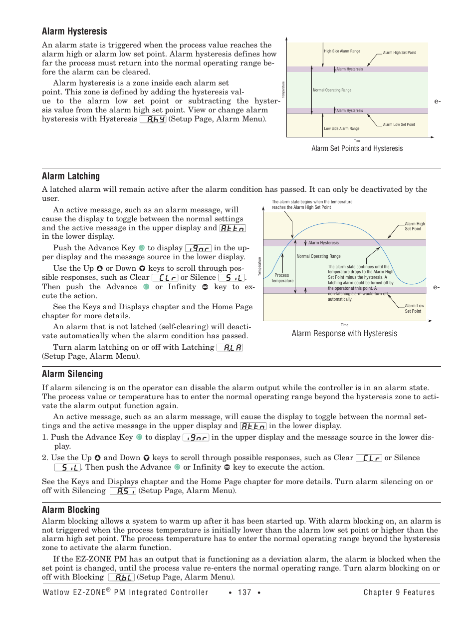 Alarm hysteresis, Alarm latching, Alarm silencing | Alarm blocking | Watlow EZ-ZONE PM Integrated Controller User Manual | Page 140 / 181