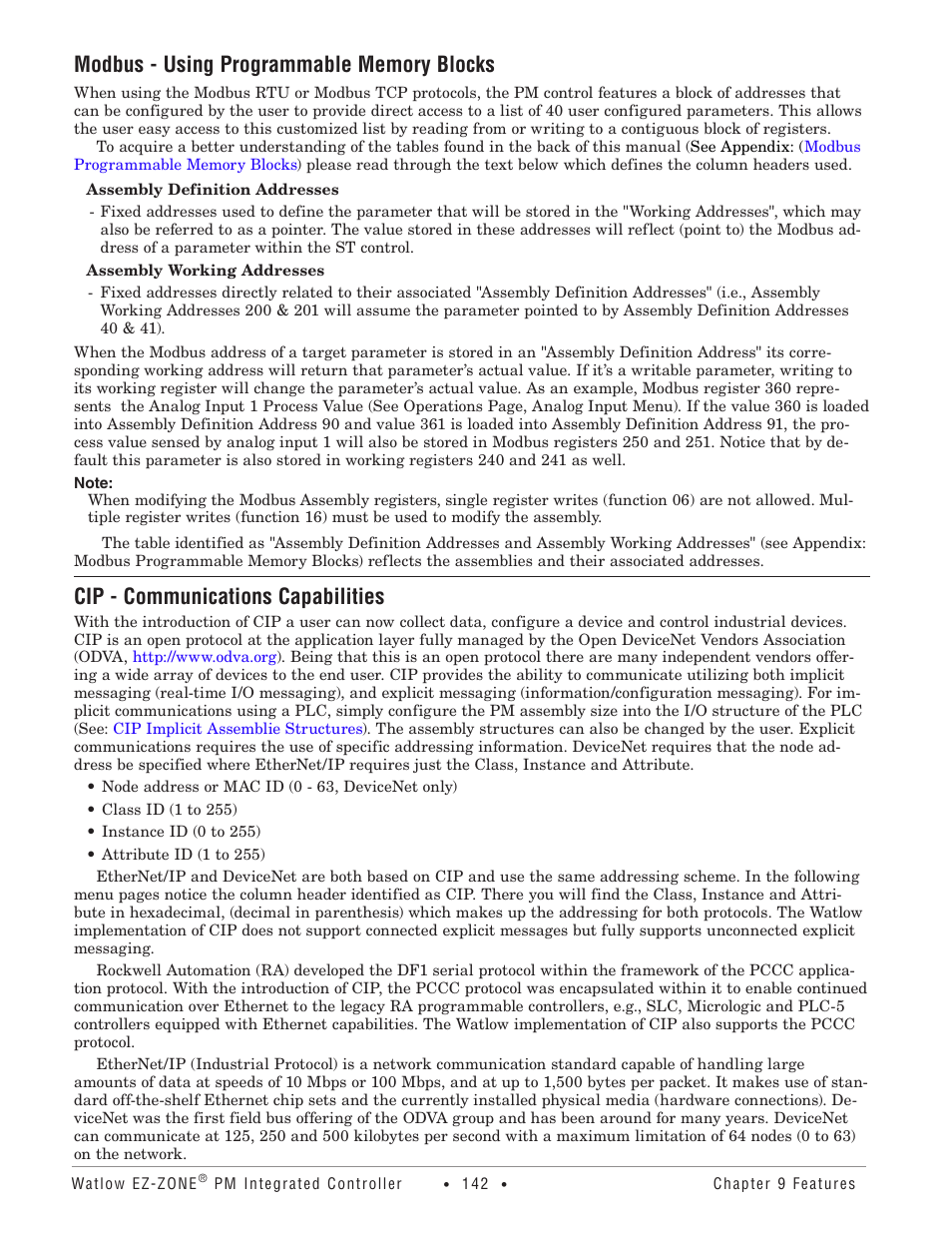 Modbus - using programmable memory blocks, Cip - communications capabilities | Watlow EZ-ZONE PM Integrated Controller User Manual | Page 145 / 181