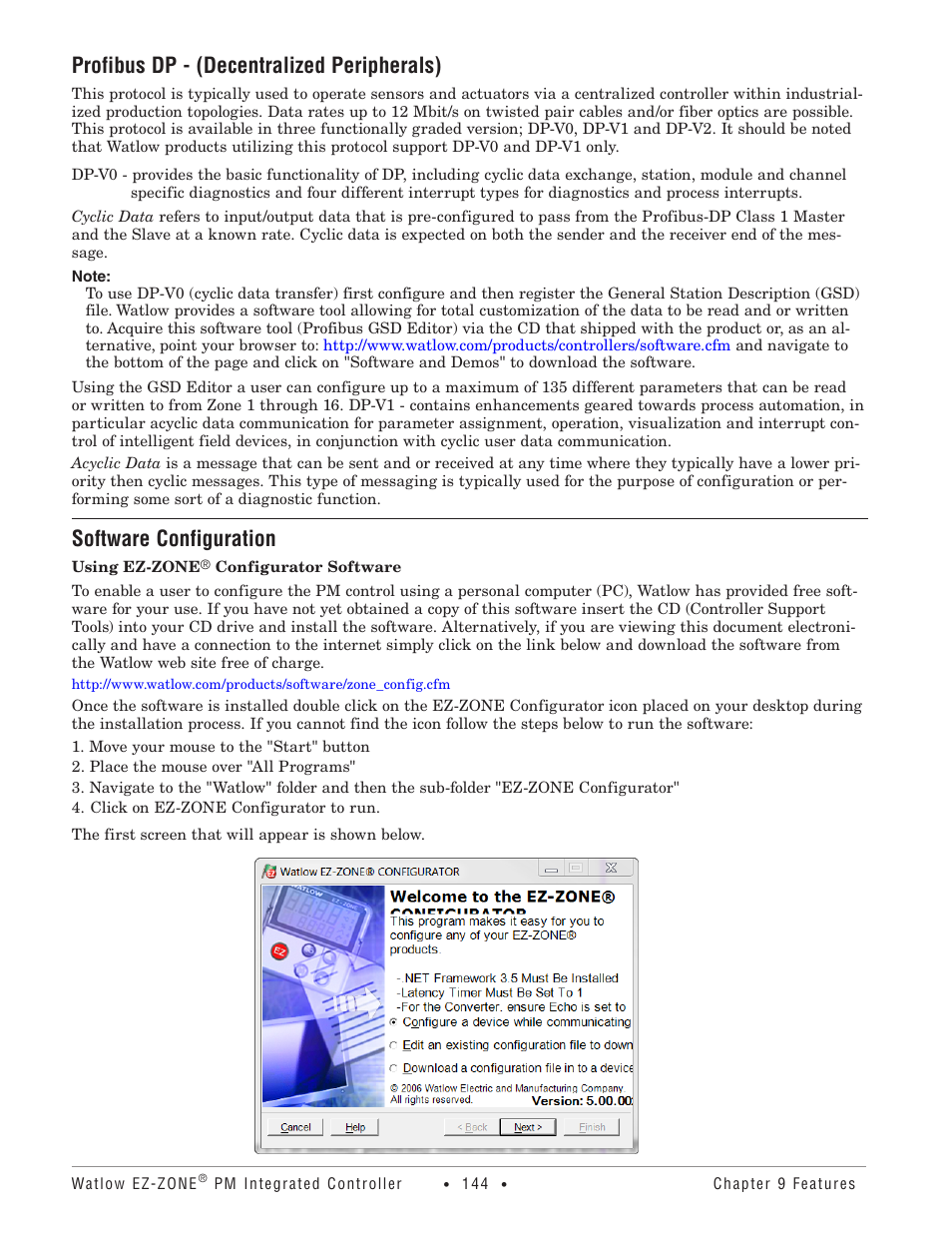 Profibus dp - (decentralized peripherals), Software configuration | Watlow EZ-ZONE PM Integrated Controller User Manual | Page 147 / 181