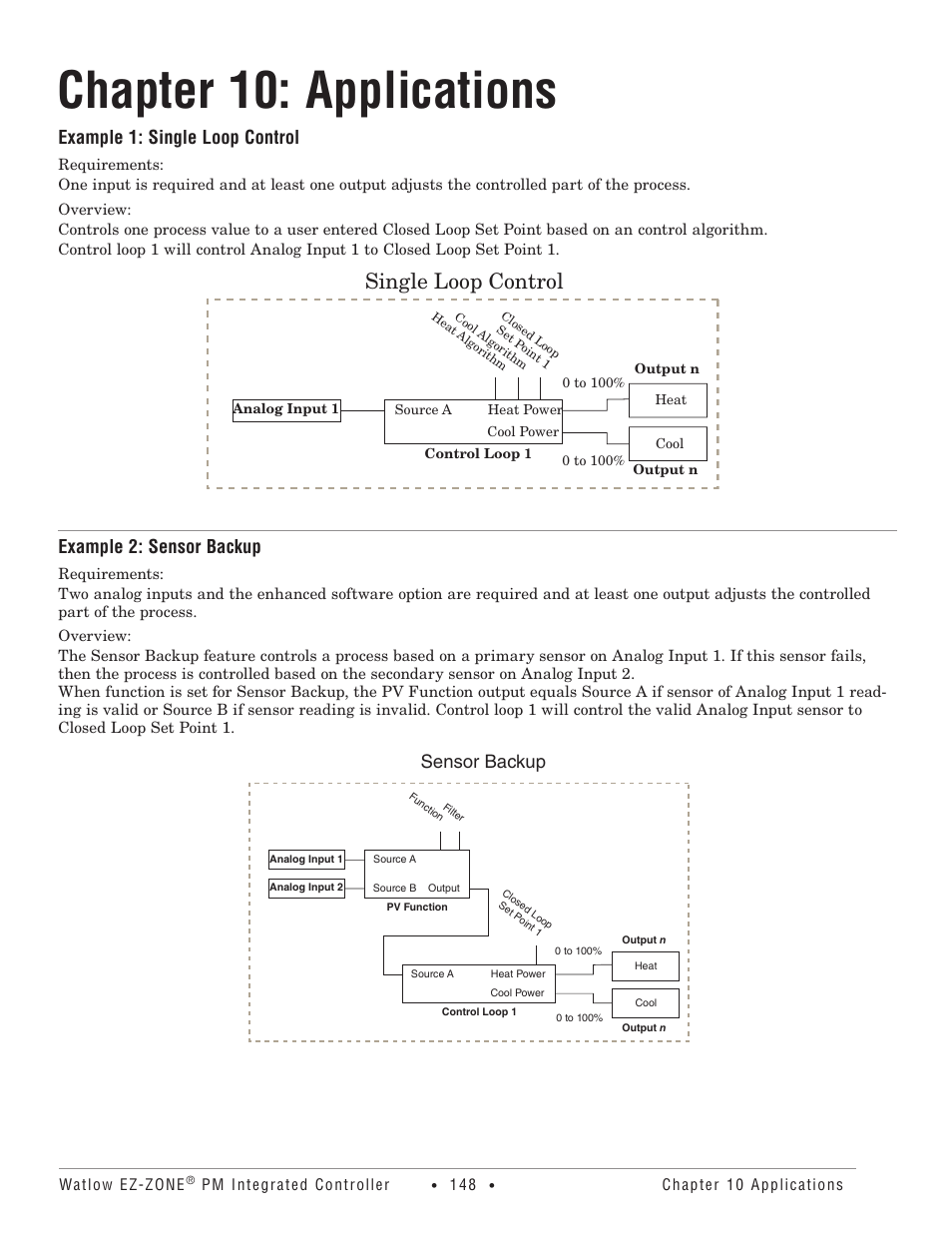 Chapter 10: applications, Example 1: single loop control, Example 2: sensor backup | Chapter 10, For application examples, Single loop control, Sensor backup | Watlow EZ-ZONE PM Integrated Controller User Manual | Page 151 / 181