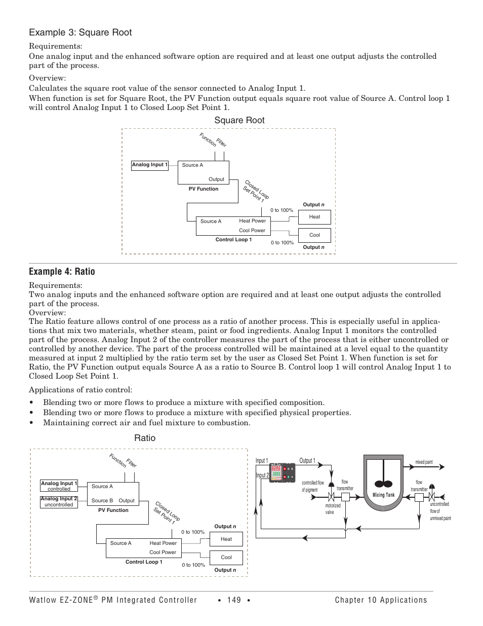Example 3: square root, Example 4: ratio, Ratio | Square root | Watlow EZ-ZONE PM Integrated Controller User Manual | Page 152 / 181