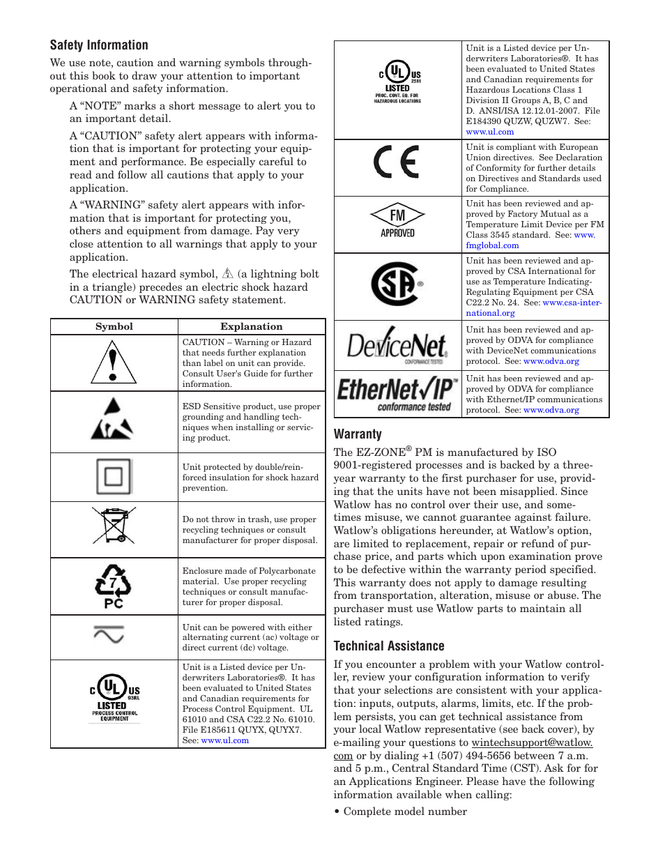 Safety information, Warranty, Technical assistance | Watlow EZ-ZONE PM Integrated Controller User Manual | Page 2 / 181