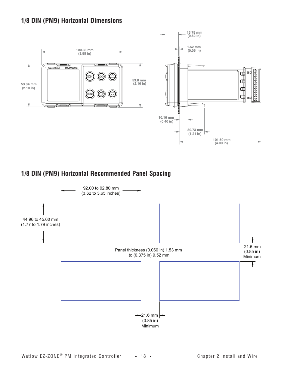 1/8 din (pm9) horizontal dimensions, 1/8 din (pm9) horizontal recommended panel spacing | Watlow EZ-ZONE PM Integrated Controller User Manual | Page 21 / 181