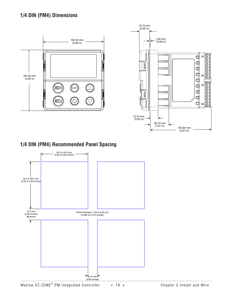 1/4 din (pm4) dimensions, 1/4 din (pm4) recommended panel spacing, Watlow ez-zone | Pm integrated controller, Chapter 2 install and wire | Watlow EZ-ZONE PM Integrated Controller User Manual | Page 22 / 181