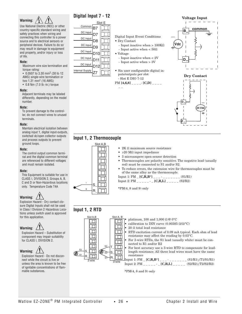 Digital input 7 - 12, Input 1, 2 thermocouple, Input 1, 2 rtd | Watlow EZ-ZONE PM Integrated Controller User Manual | Page 29 / 181
