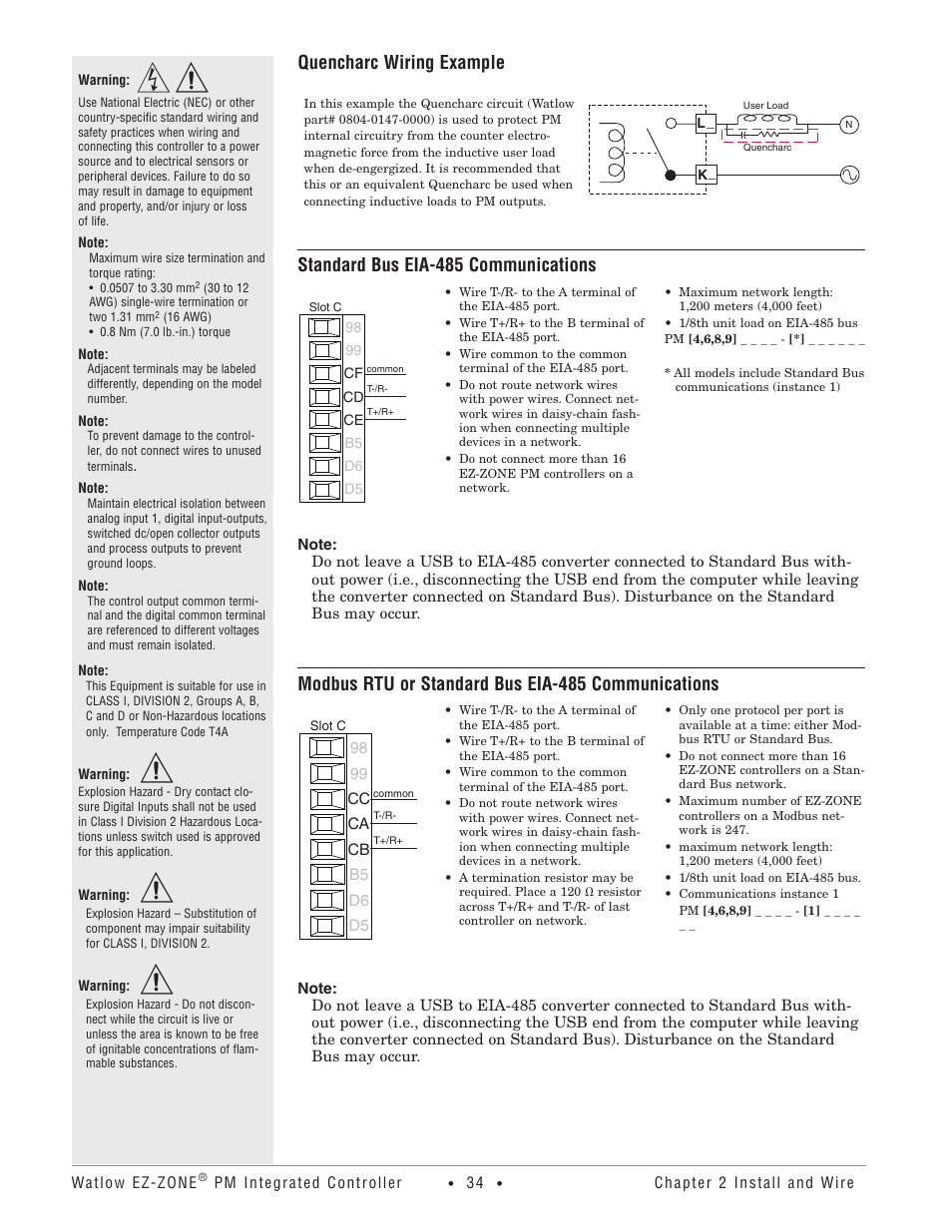 Quencharc wiring example, Standard bus eia-485 communications, Modbus rtu or standard bus eia-485 communications | Watlow EZ-ZONE PM Integrated Controller User Manual | Page 37 / 181