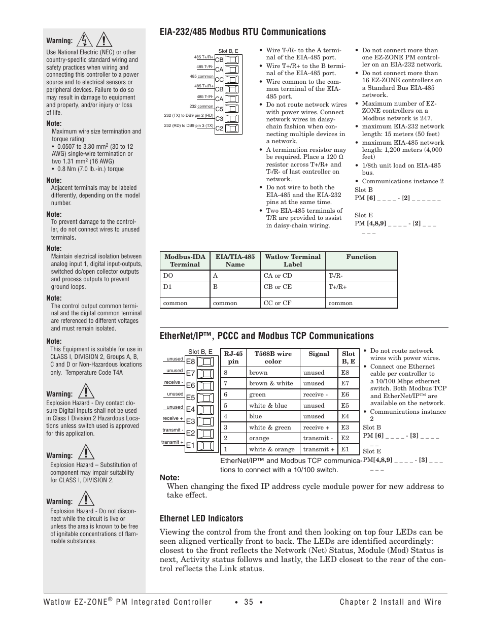 Ethernet/ip™, pccc and modbus tcp communications, Ethernet led indicators | Watlow EZ-ZONE PM Integrated Controller User Manual | Page 38 / 181