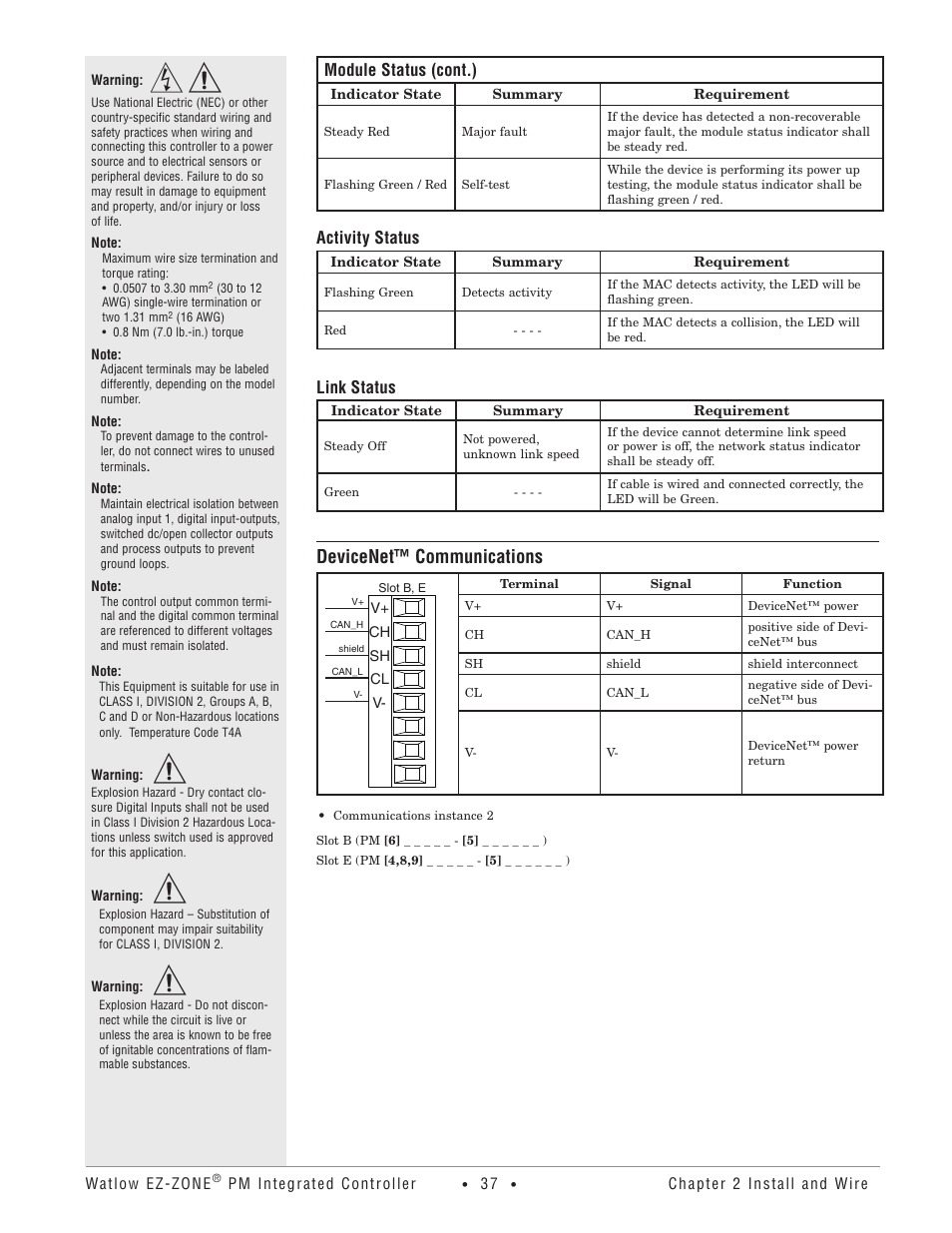 Devicenet™ communications, Module status (cont .), Activity status | Link status | Watlow EZ-ZONE PM Integrated Controller User Manual | Page 40 / 181