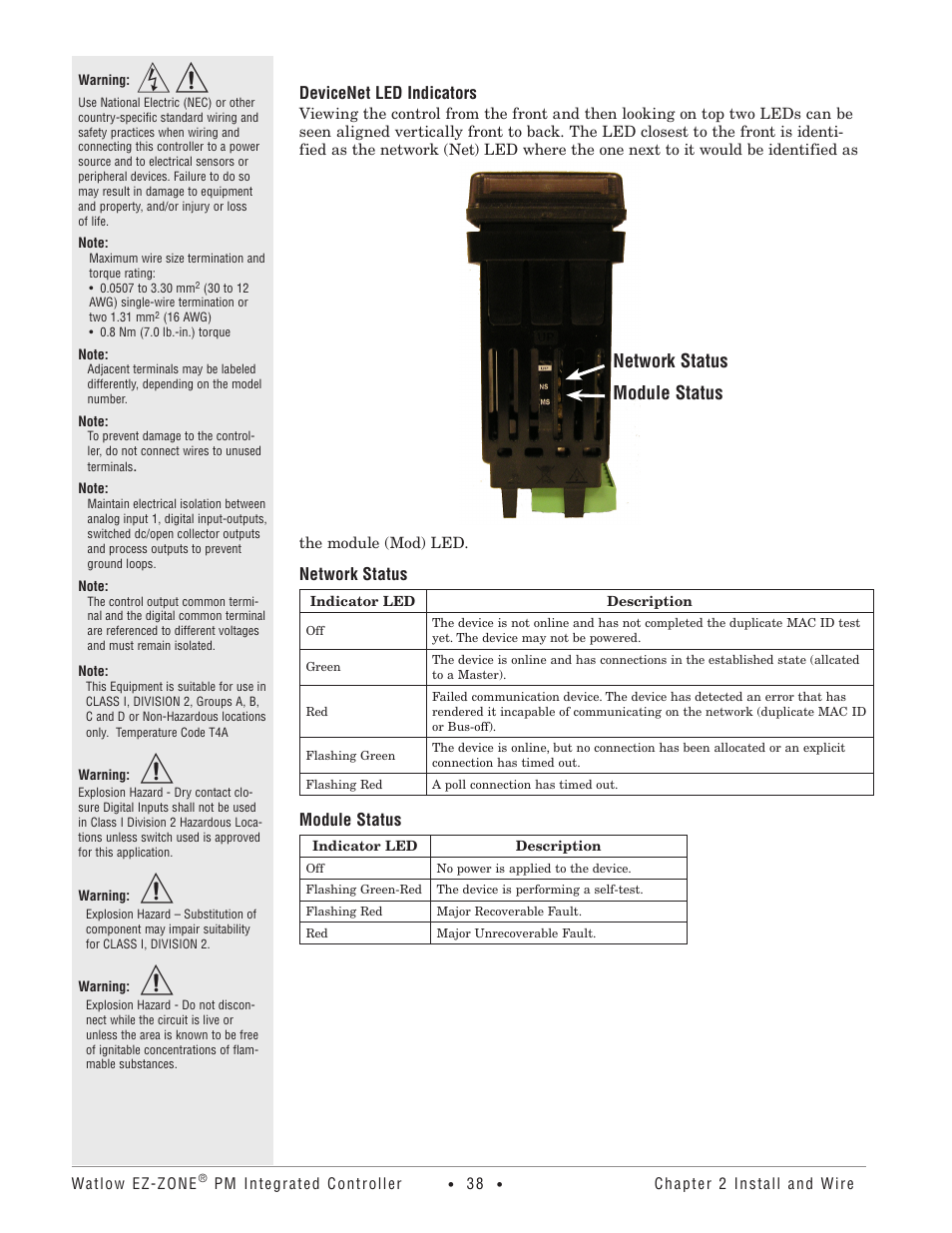 Network status, Module status, Network status module status | Devicenet led indicators | Watlow EZ-ZONE PM Integrated Controller User Manual | Page 41 / 181