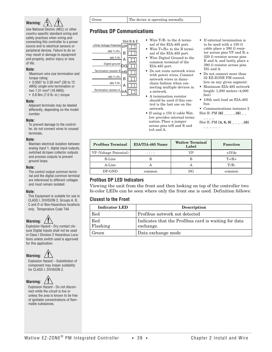 Profibus dp communications, Profibus dp led indicators, Closest to the front | Watlow EZ-ZONE PM Integrated Controller User Manual | Page 42 / 181